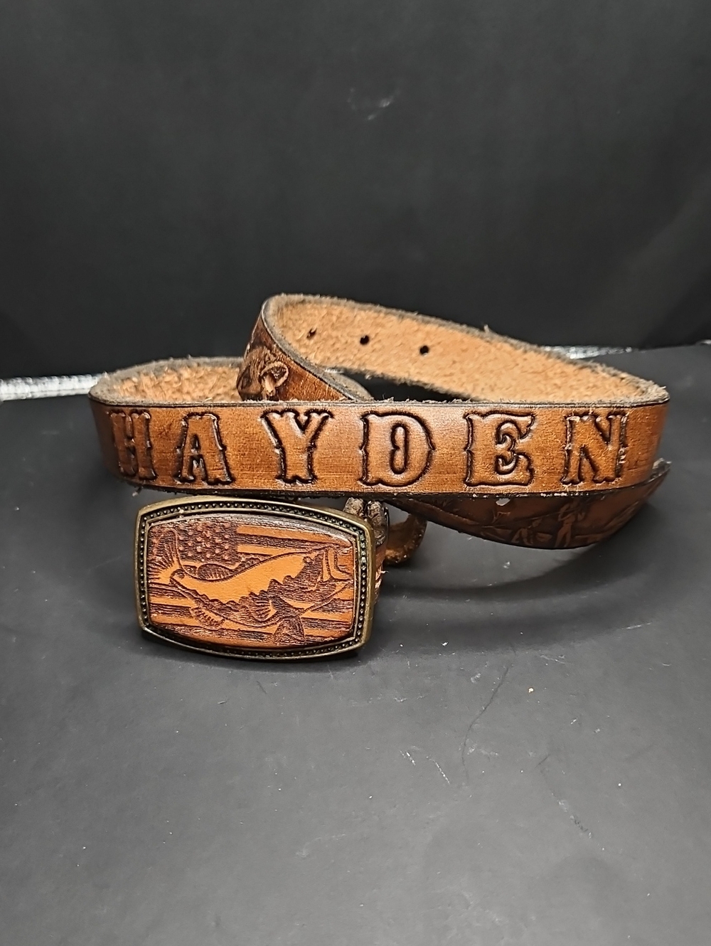 Hand Crafted Brown Leather Kids Belt with Engraved 'HAYDEN' and Scenic Buckle